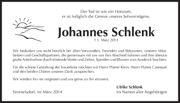 Traueranzeige von Johannes Schlenk von Pegnitz-Zeitung